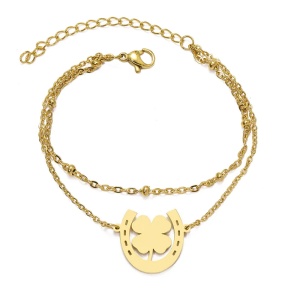 Bratara dama, dublata, model potcoava norocoasa, pandantiv trifoi cu patru foi, cu accesorii bilute, reglabila, aurie