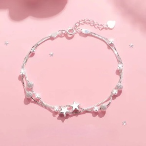 Bratara dama, model cu pandantive multiple tip stelute, accesorizata cu bilute chic, tematica summer vibes, reglabila, argintie - Img 3