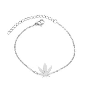 Bratara dama, model marijuana, pandantiv frunza fericirii, tematica too high, reglabila, argintie