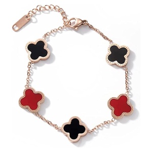 Bratara dama, model norocos, M2, trifoi cu 4 foi, bronz, reglabila, cu accesorii negre si rosii - Img 3