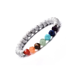 Bratara energetica creata manual, din roca vulcanica, 7Chakras, pietre semipretioase, unisex, sidefata, argintie - Img 2
