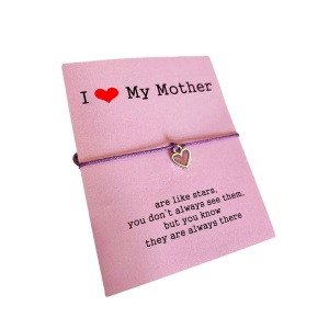 Bratara I Love My Mother, pandantiv inima argintiu, reglabile, din sfoara, mov