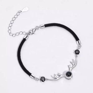 Bratara model cerb, cristale semipretioase, snur negru, proiectie Te iubesc in 100 limbi, argintie, dimensiune reglabila, unisex - Img 2
