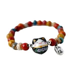 Bratara, model cu margele si pisica simpatica, tematica lucky cat, elastica, unisex, neagra