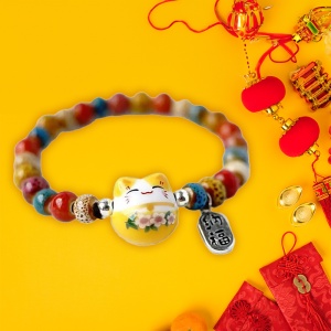 Bratara, model cu margele si pisica simpatica, tematica lucky cat, elastica, unisex, galbena - Img 2