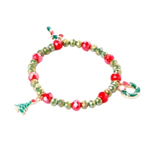 Bratara, model festiv si delicat, tematica Christmas is here, accesorii vesele, bradut, acadea si coronita, elastica, unisex, verde deschis