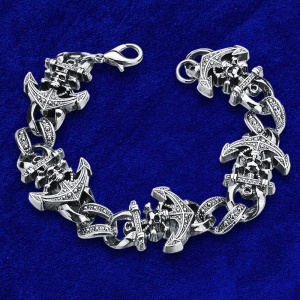 Bratara sailor life, model cu pandantive ancora si pirate skull, tematica dark sea life, unisex, argintie, - Img 4