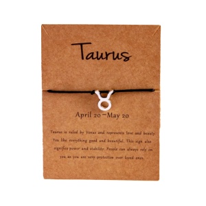 Bratara semn zodiac taur argintiu, creata manual, neagra, unisex