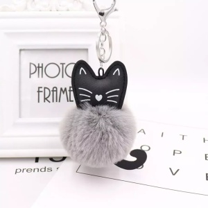 Breloc cu pompon puf pisica fericita, gri - Img 2