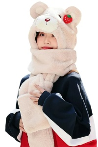 Caciula dama, model cap de ursulet voluminos, prelugire tip fular calduros cu loc special pentru maini tip manusi, tematica happy bear, marime universala, bej - Img 2