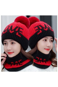 Caciula dama, set doua piese, model cu pom pom si fular tip guler asortat cu mesaj, captuseala calduroasa, tematica love me, marime universala, rosie - Img 3