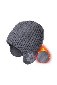Caciula iarna, model cu protectie intarita pentru urechi, imprimeu fulg de zapada, captuseala moale si fina, tematica happy winter, unisex, marime universala, gri inchis - Img 3