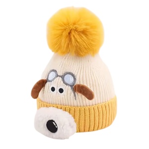 Caciula pentru copii, accesorizata cu botic de catel, model pom pom calduros, captuseala delicata, tematica I love dogs, 1 – 4 ani, galbena