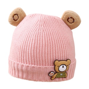 Caciula pentru copii, accesorizata cu urechiuse de ursulet, model minimalist, captuseala delicata, tematica little bear, 3 luni – 3 ani, roz