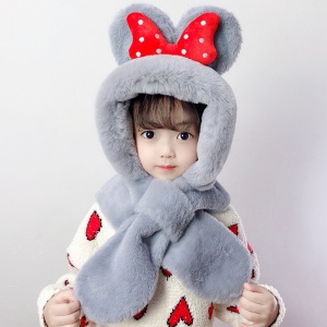 Caciula pentru copii, calduroasa, model voluminos cu urechiuse, accesoriu funda gigantica cu buline, tematica my lovely kid, 1 – 5 ani, gri - Img 3