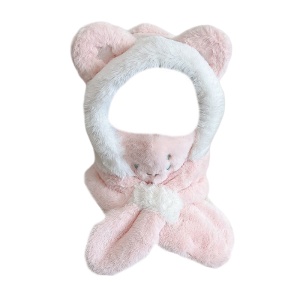 Caciula pentru copii, model calduros cu urechiuse tip fular si masca detasabila cu dintisori, tematica hide and seek, 2 – 6 ani, roz