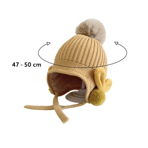 Caciula pentru copii, model cu pom pom si prindere reglabila sub barbie, accesorizata cu iepurasi la urechi, tematica little bunny in the winter, 1 – 3 ani, galbena - Img 4