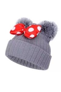 Caciula pentru copii, model cu urechiuse pom pom si funda chic, marime universala, gri