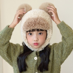 Caciula pentru copii, prelungire cu urechi, model pom pom calduros, prindere sub barbie, tematica cute and funny, 4 – 10 ani, maro - Img 2