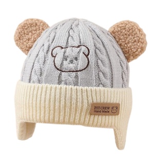 Caciula pentru copii, prelungire pentru urechiuse, imprimeu ursulet, model cute, tematica happy little bear, 6 luni – 3 ani, albastra