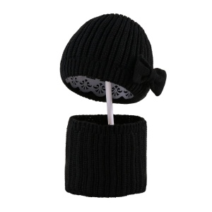 Caciula pentru copii, set doua piese, model cu fundita si fular tip guler delicat asortat, tematica little princes, 0 – 3 ani, neagra