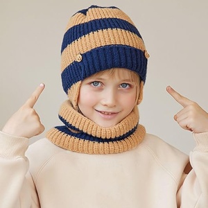 Caciula pentru copii, set doua piese, model cu prelungire peste urechi, accesorii delicate, fular asortat, tematica little funny guy, 3 - 9 ani, albastru cu bej - Img 3