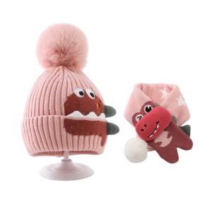 Caciula pentru copii, set doua piese, model foarte haios si vesel cu pompom si fular asortat, tematica animale haioase, 1 - 6 ani, roz