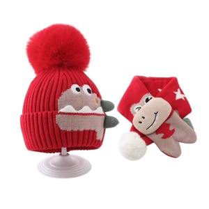 Caciula pentru copii, set doua piese, model foarte haios si vesel cu pompom si fular asortat, tematica animale haioase, 1 - 6 ani, rosie