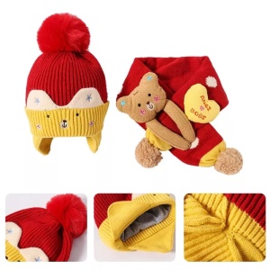 Caciula pentru copii, set doua piese, model foarte haios si vesel cu pompom si fular asortat, tematica bucuria copilariei, 1 - 6 ani, rosu - Img 4
