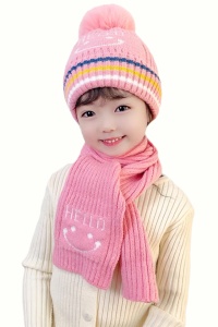 Caciula pentru copii, set doua piese, model hello cu pompom, fular asortat, tematica smiley face, 3 - 9 ani, roz