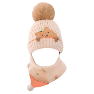 Caciula pentru copii, set doua piese, model pom pom cu ursulet curios, fular asortat tip guler, tematica I’m a friendly little bear, 12 luni – 2 ani, bej