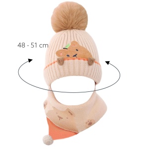 Caciula pentru copii, set doua piese, model pom pom cu ursulet curios, fular asortat tip guler, tematica I’m a friendly little bear, 12 luni – 2 ani, bej - Img 3