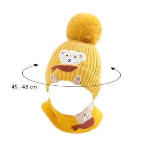 Caciula pentru copii, set doua piese, model pom pom si fulat asortat, tematica familie prietenoasa de ursuleti, 1 – 3 ani, galbena - Img 4