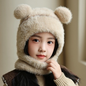 Caciula pentru copii, tip cagula cu guler, model pufos cu urechiuse ascutite, tematica fluffy cozy bear, 1 – 4 ani, maro deschis - Img 4