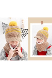 Caciula pentru copii, tip cagula, model cu cozoroc si pompom, accesoriu cute, tematica mica vedeta, 3 - 9, bej - Img 4