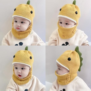 Caciula pentru copii, tip cagula, model dinozaur jucaus, captuseala moale si calduroasa, tematica little dino, 6 luni – 3 ani, galbena - Img 4
