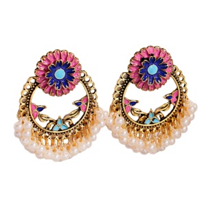 Cercei dama, model retro indian, cu accesorii perlute, rotunzi, roz
