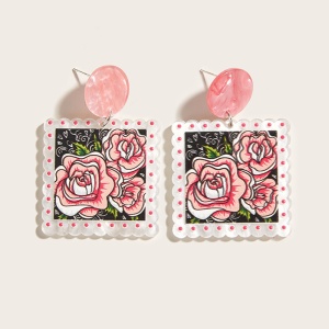 Cercei dama, model summer vibe, tematica unicata, vintage, patrati, cu desen floral, roz - Img 3