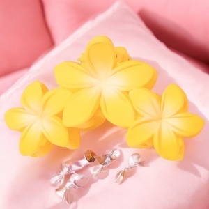Cleste de par, prindere puternica, model cu flori tropicale, tematica hawaiian mood, galben - Img 3