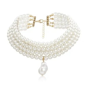 Colier dama din margele, model elegant cu accesoriu asimetric, reglabil, tematica elegant style, alb