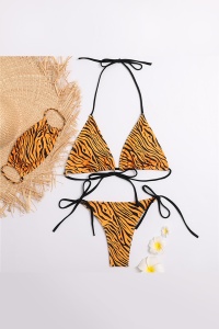 Costum de baie cu masca, 3 piese, animal print tigru, slip brazilian, sutien reglabil RO - Img 4