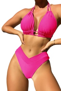 Costum de baie dama, 2 piese, model de vara clasic elegant, sutien cu bretele reglabile, chilot cu talie inalta si coapsa dezgolita, tematica classy and hot bikini roz