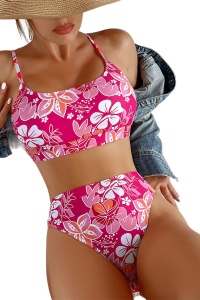 Costum de baie dama, 2 piese, model floral, sutien tip bustiera si chilot cu talie inalta roz