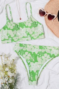 Costum de baie dama, 2 piese, model floral, sutien tip bustiera si chilot cu talie inalta verde - Img 3
