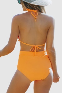 Costum de baie dama, 2 piese, model happy elegant cu ciucurei portocaliu - Img 2