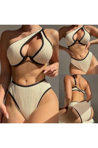 Costum de baie dama, 2 piese, model provocator, taietura sexy la decolteu, chilot decupaj clasic, tematica sexy summer bej - Img 4