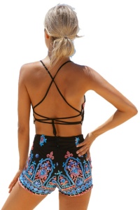 Costum de baie dama, 2 piese, model sexy sport beach, tematica etnic delight, sutien tip bustiera si chilot tip pantalon scurt albastru - Img 2
