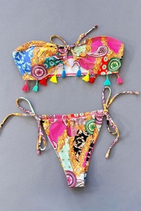 Costum de baie dama, 2 piese, model sexy summer fantezie de culori cu ciucurei multicolor - Img 4