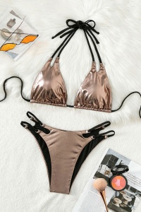 Costum de baie dama, 2 piese, model sexy summer metalic cut rose gold - Img 3