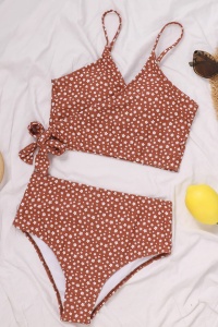Costum de baie dama, 2 piese, model trendy cu floricele, sutien tip bustiera si chilot cu talie inalta maro - Img 3